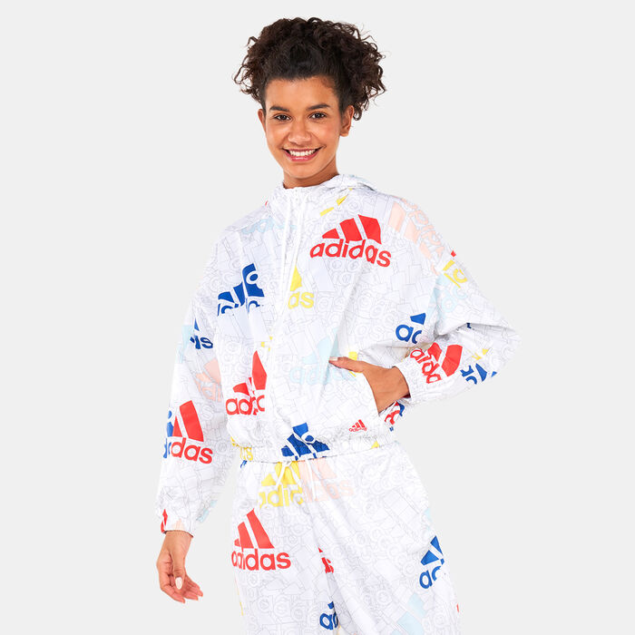 adidas Women's Essentials Multi-Coloured Logo Loose Fit Windbreaker Jacket White adidas Women's Essentials Multi-Coloured Logo Loose Fit Windbreaker Jacket White image number 0