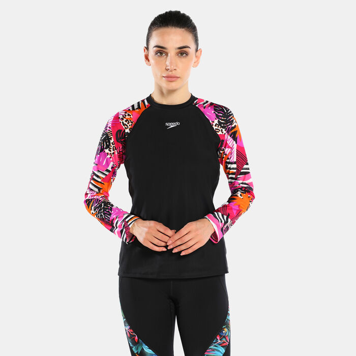 Speedo Women's Printed Long Sleeve Swimming T-Shirt Black image number 0