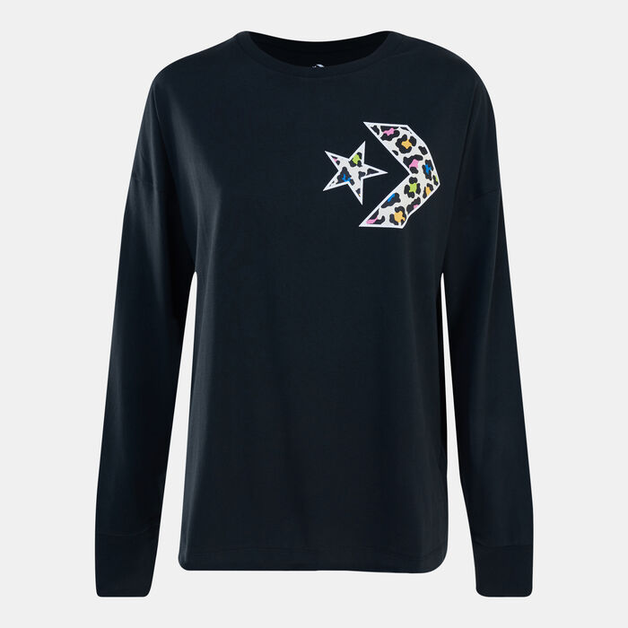 Converse Women's Star Chevron Multicolored Leopard Infill T-Shirt Black Converse Women's Star Chevron Multicolored Leopard Infill T-Shirt Black image number 0