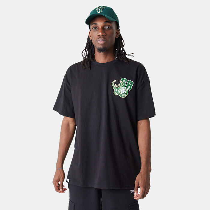 New Era Men's NBA Arch Milwaukee Bucks Woodmark T-Shirt Black image number 0