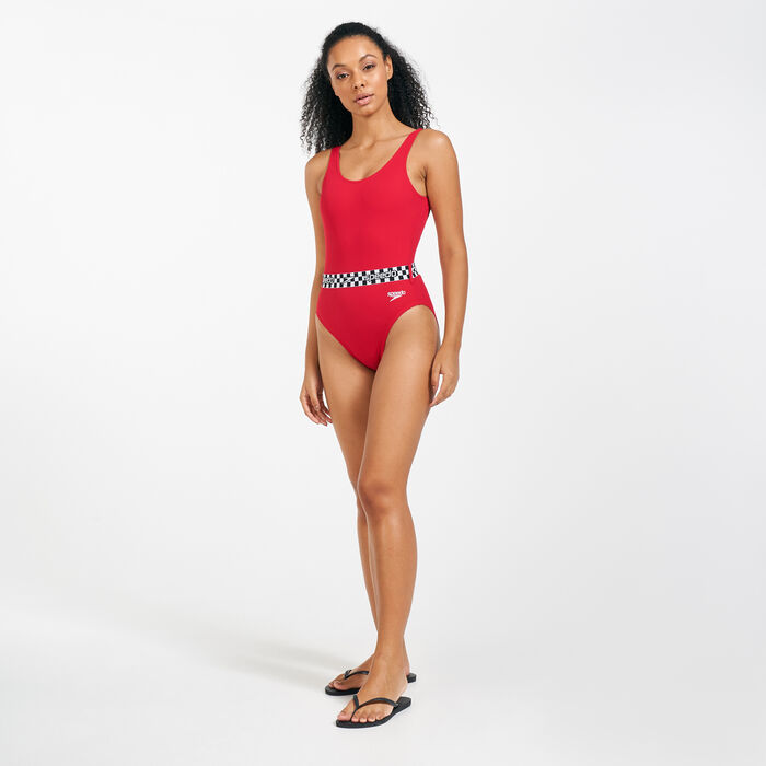 Speedo Women's Belted Deep U-Back One-Piece Swimsuit Red image number 2