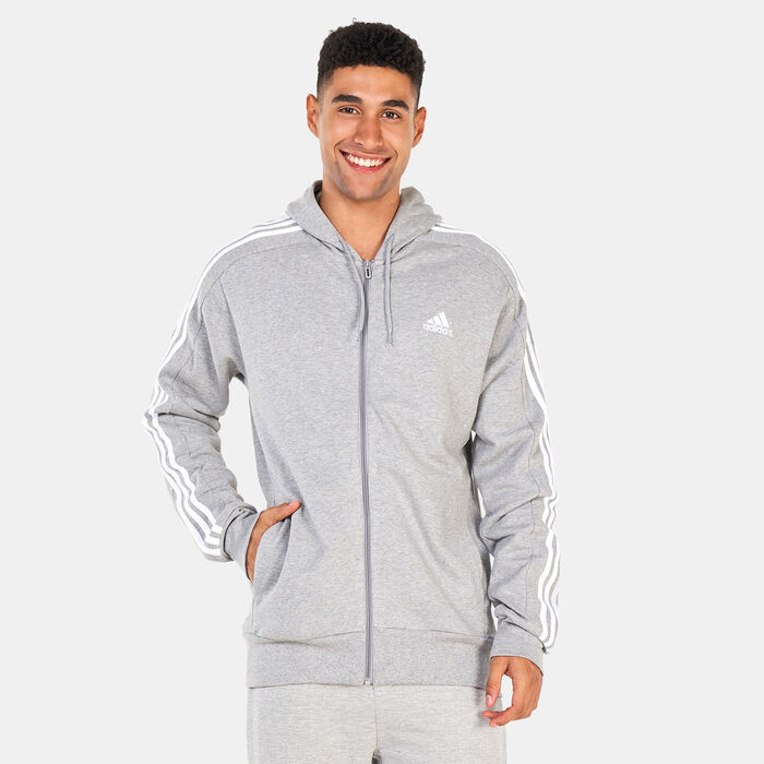 adidas Men's Essentials French Terry 3-Stripes Full-Zip Hoodie Grey adidas Men's Essentials French Terry 3-Stripes Full-Zip Hoodie Grey image number 0