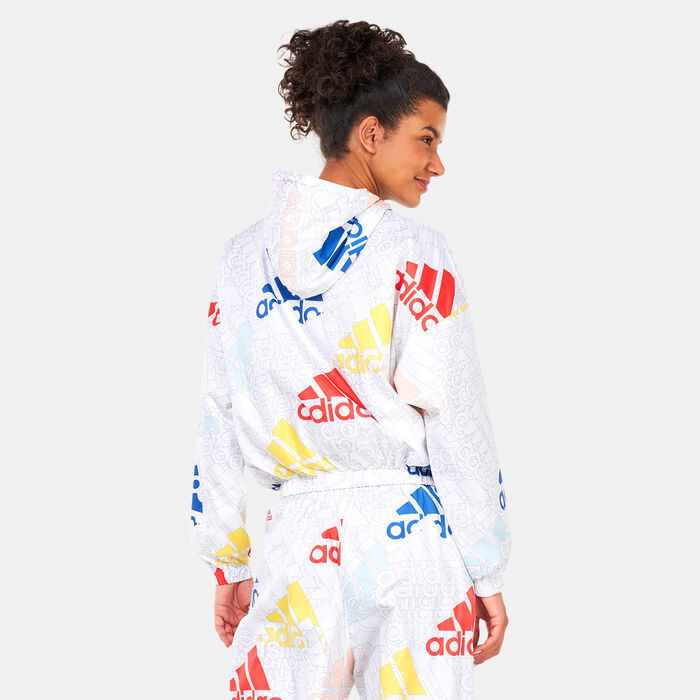 adidas Women's Essentials Multi-Coloured Logo Loose Fit Windbreaker Jacket White adidas Women's Essentials Multi-Coloured Logo Loose Fit Windbreaker Jacket White image number 1