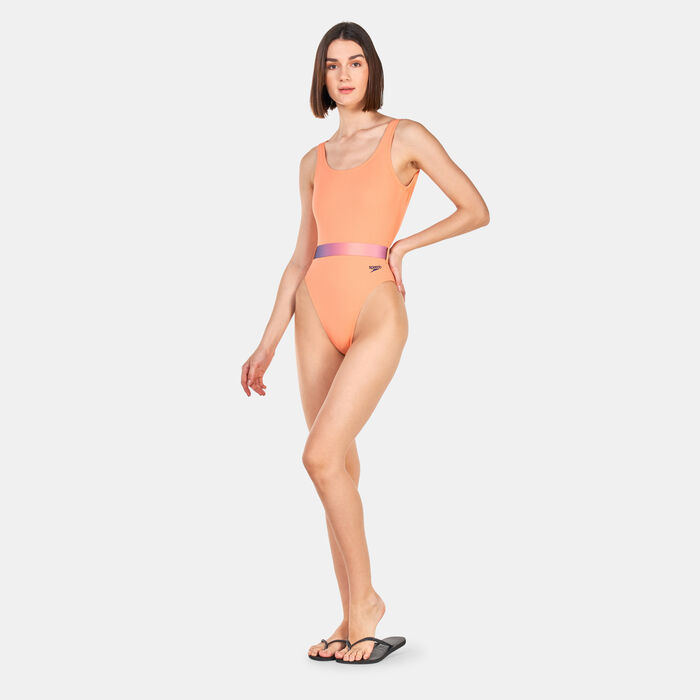 Speedo Women's Belted Deep U-Back One-Piece Swimsuit Orange Speedo Women's Belted Deep U-Back One-Piece Swimsuit Orange image number 2