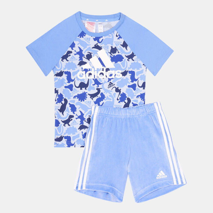 adidas Kids' Dino Camo Allover Print T-Shirt and Short Set Blue adidas Kids' Dino Camo Allover Print T-Shirt and Short Set Blue image number 0