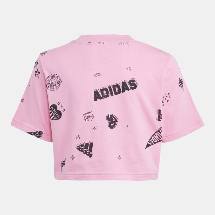 adidas Kids' Brand Love Allover Print Crop T-Shirt Pink adidas Kids' Brand Love Allover Print Crop T-Shirt Pink image number 1