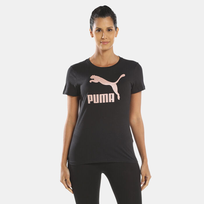 PUMA Women's Classics Metallic Logo T-Shirt Black PUMA Women's Classics Metallic Logo T-Shirt Black image number 0