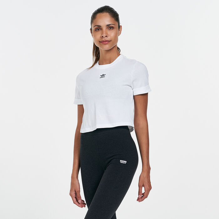 adidas Originals Women's Cropped Roll-Up Sleeve T-Shirt White adidas Originals Women's Cropped Roll-Up Sleeve T-Shirt White image number 0