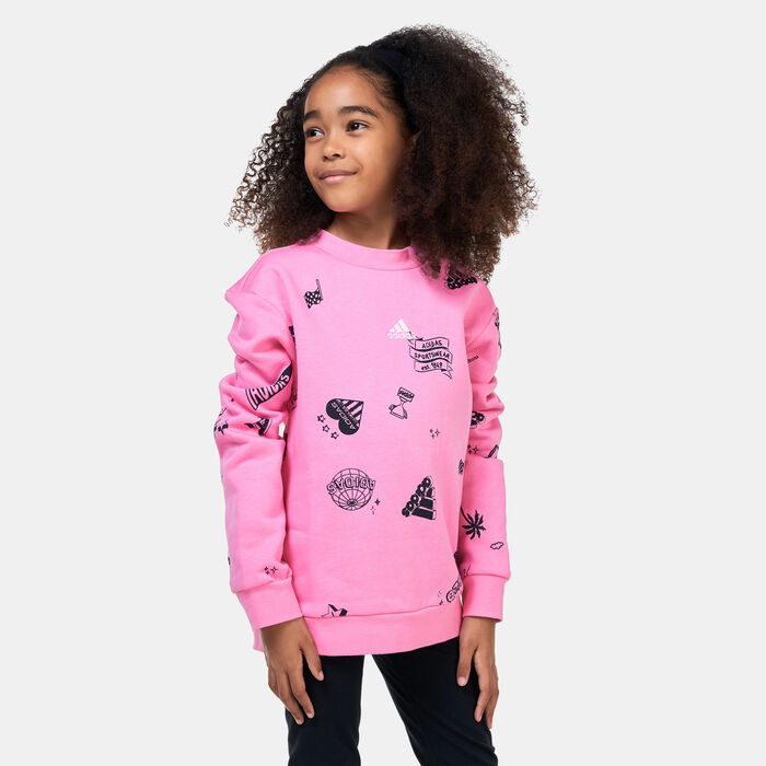 adidas Kids' Brand Love Allover Print Sweatshirt Pink adidas Kids' Brand Love Allover Print Sweatshirt Pink image number 1