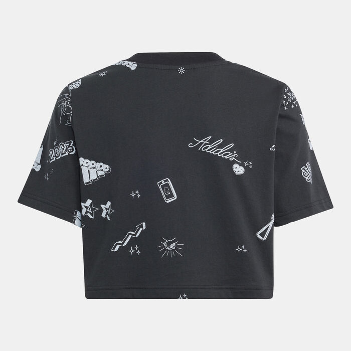 adidas Kids' Brand Love Allover Print Crop T-Shirt Black adidas Kids' Brand Love Allover Print Crop T-Shirt Black image number 1