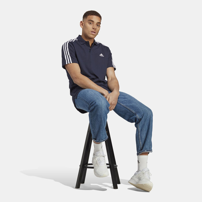 adidas Men's Essentials Pique Embroidered 3-Stripes Training Polo Shirt Blue adidas Men's Essentials Pique Embroidered 3-Stripes Training Polo Shirt Blue image number 2