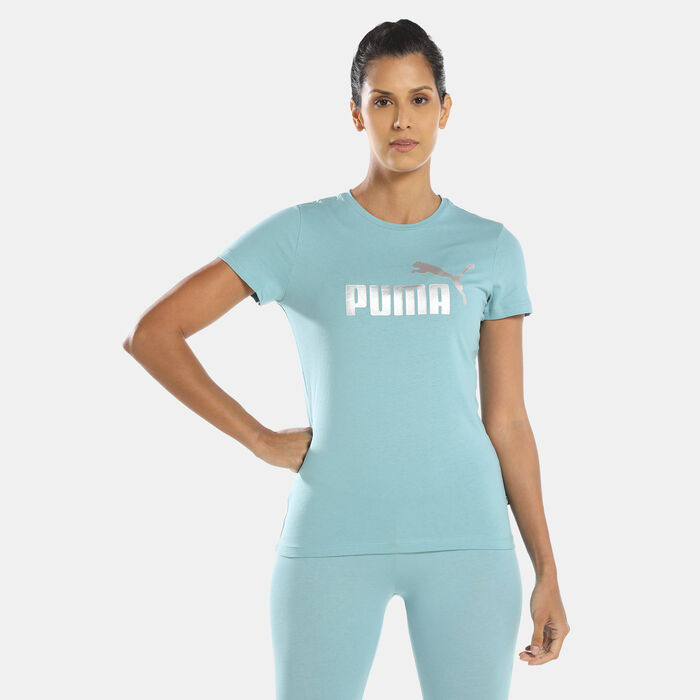 PUMA Women's Essentials+ Metallic Logo T-Shirt Blue PUMA Women's Essentials+ Metallic Logo T-Shirt Blue image number 0