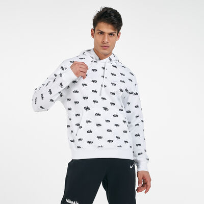 Nike Men's Sportswear Allover Script Club Hoodie White Nike Men's Sportswear Allover Script Club Hoodie White