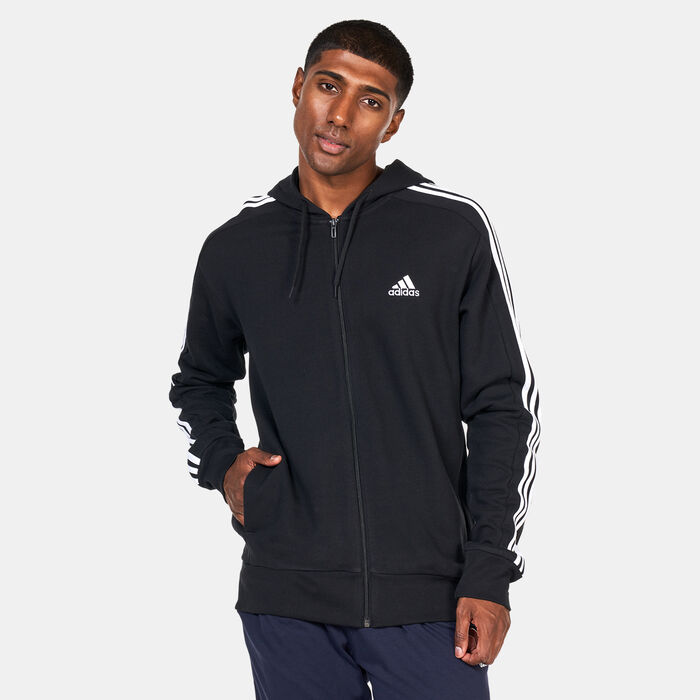 adidas Men's Essentials French Terry 3-Stripes Full-Zip Hoodie Black image number 0