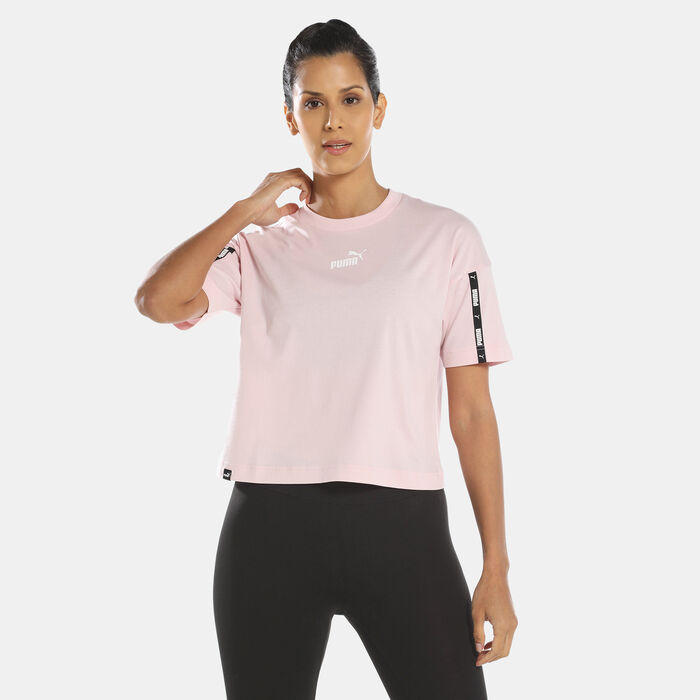PUMA Women's Power Tape Cropped T-Shirt Pink PUMA Women's Power Tape Cropped T-Shirt Pink image number 0