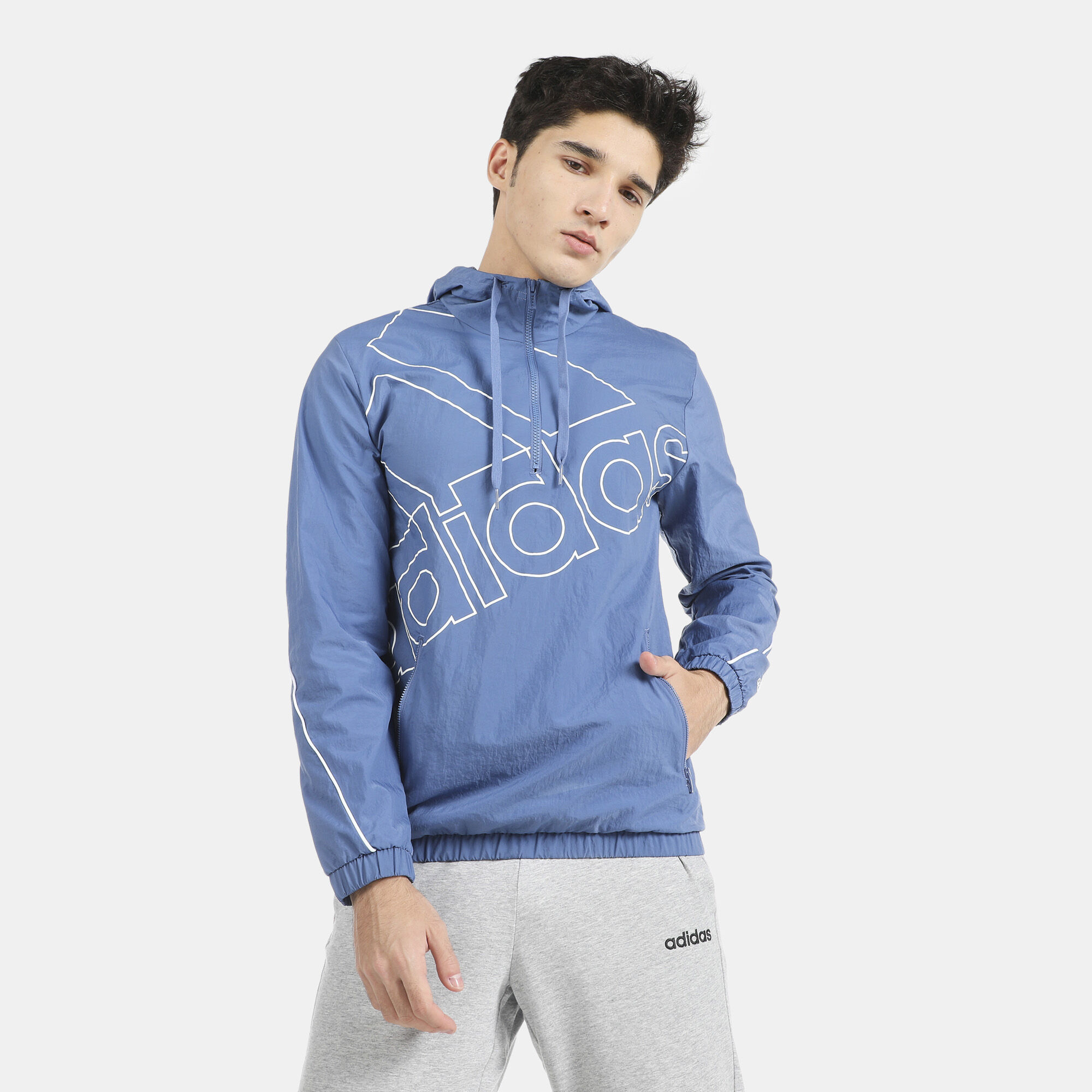 Men s Essentials Giant Logo Windbreaker Hoodie Blue adidas in Qatar SSS
