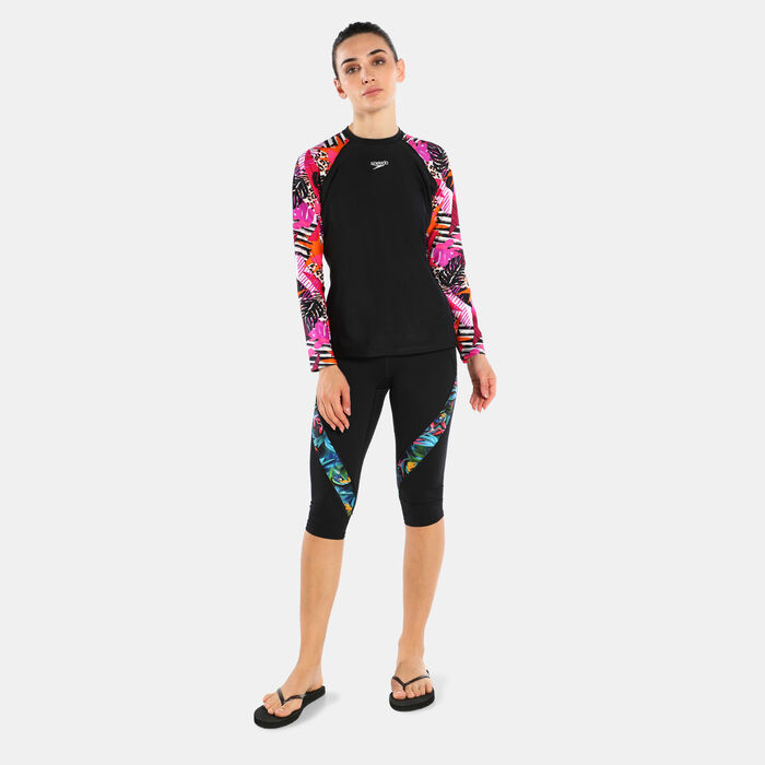 Speedo Women's Printed Long Sleeve Swimming T-Shirt Black image number 2