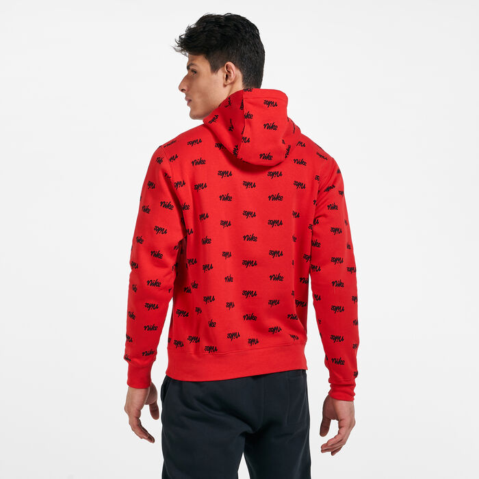 Nike Men's Sportswear Allover Script Club Hoodie Red Nike Men's Sportswear Allover Script Club Hoodie Red image number 1