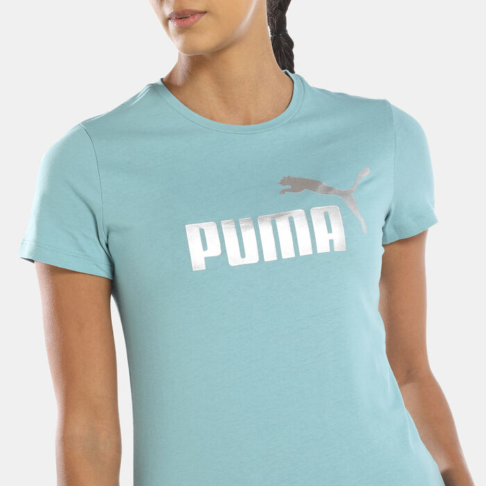 PUMA Women's Essentials+ Metallic Logo T-Shirt Blue PUMA Women's Essentials+ Metallic Logo T-Shirt Blue image number 3