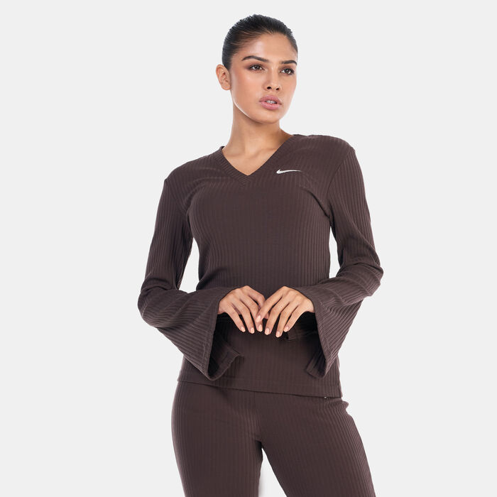 Nike Women's Ribbed Jersey Long-Sleeve V-Neck Top Brown Nike Women's Ribbed Jersey Long-Sleeve V-Neck Top Brown image number 0