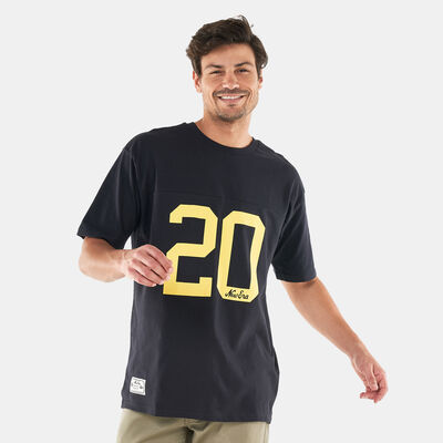 New Era Men's Pinstripe White Oversized T-Shirt Blue