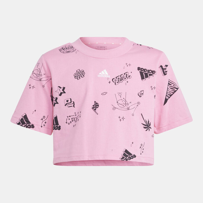 adidas Kids' Brand Love Allover Print Crop T-Shirt Pink adidas Kids' Brand Love Allover Print Crop T-Shirt Pink image number 0