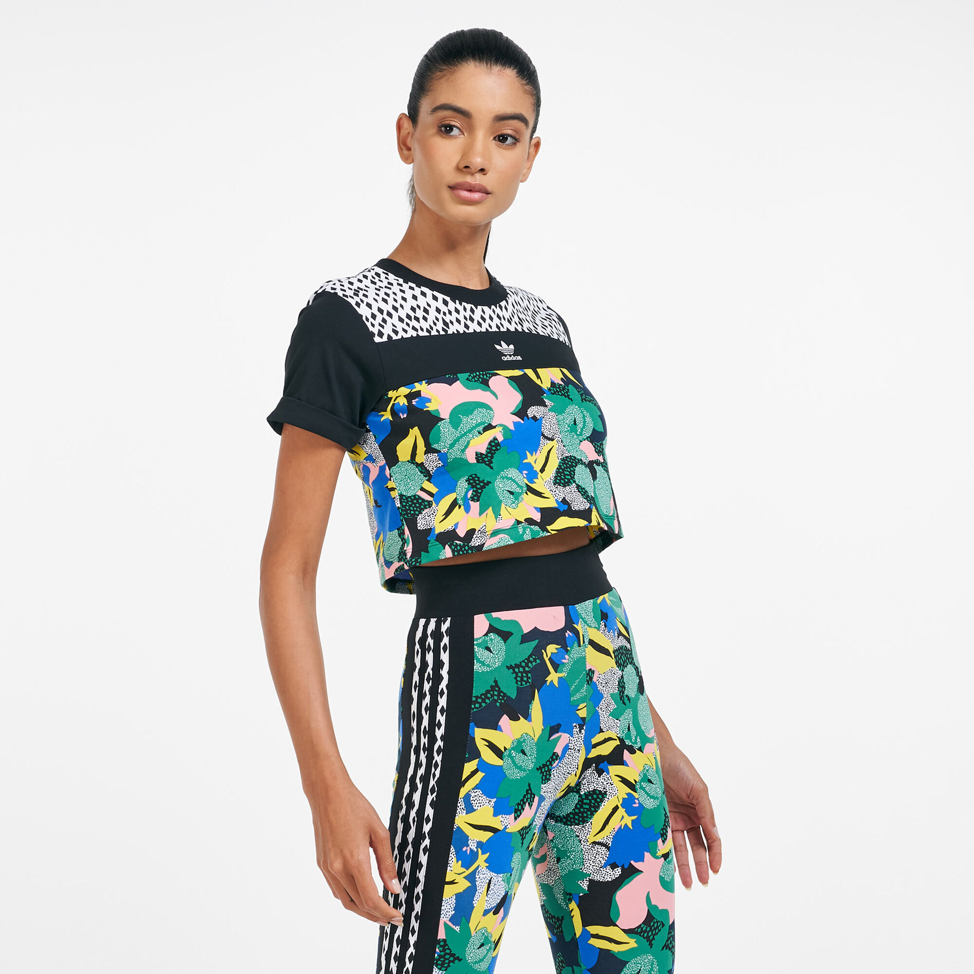 Adidas floral crop top and shorts on sale