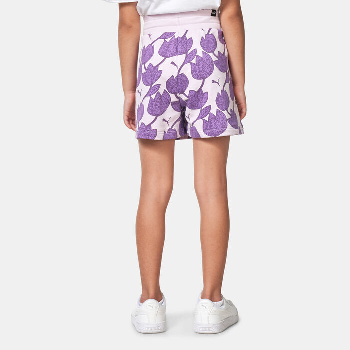 PUMA Kids' Essentials+ Blossom All Over Print Shorts Purple PUMA Kids' Essentials+ Blossom All Over Print Shorts Purple image number 1