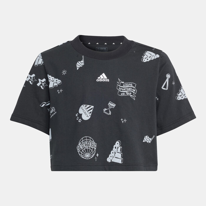 adidas Kids' Brand Love Allover Print Crop T-Shirt Black adidas Kids' Brand Love Allover Print Crop T-Shirt Black image number 0