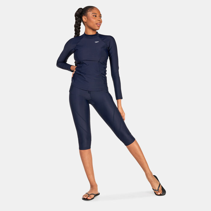 Speedo Womens' Logo 3/4 Swimming Leggings Blue Speedo Womens' Logo 3/4 Swimming Leggings Blue image number 2